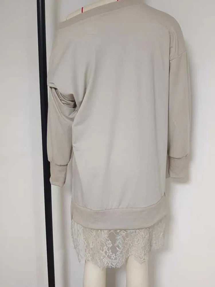 Women Top 2025 New Autumn Clothing Fashion Lace Slit Mid-Length Sweatshirt Casual Loose Pullover Sweatshirt for Women Streetwear