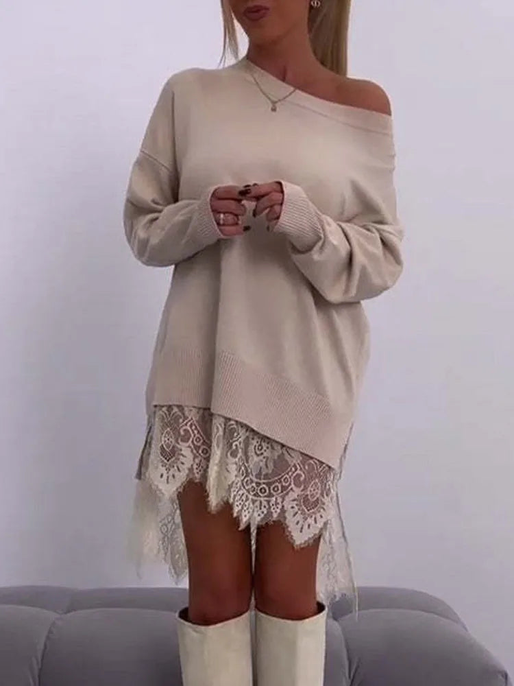 Women Top 2025 New Autumn Clothing Fashion Lace Slit Mid-Length Sweatshirt Casual Loose Pullover Sweatshirt for Women Streetwear