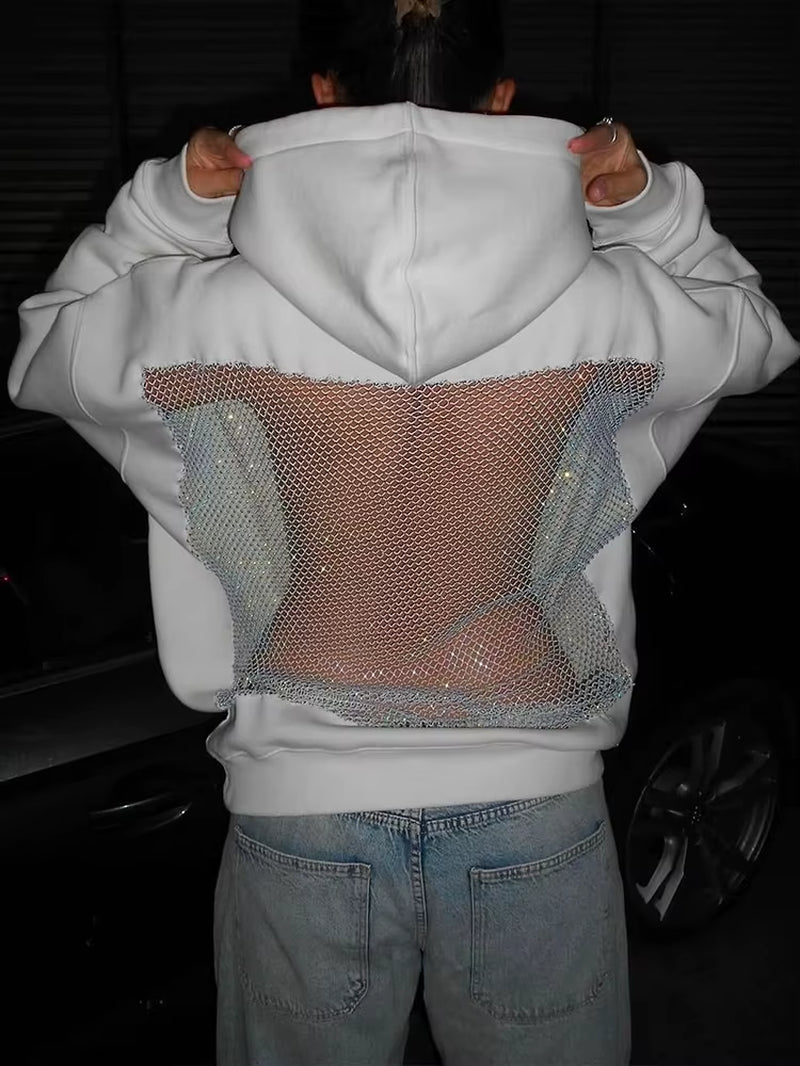 Hooded Harajuku Sweatshirt Women Autumn Trend Backless Shinythrea Mesh Patchwork Casual Street Hipster Pulloverr